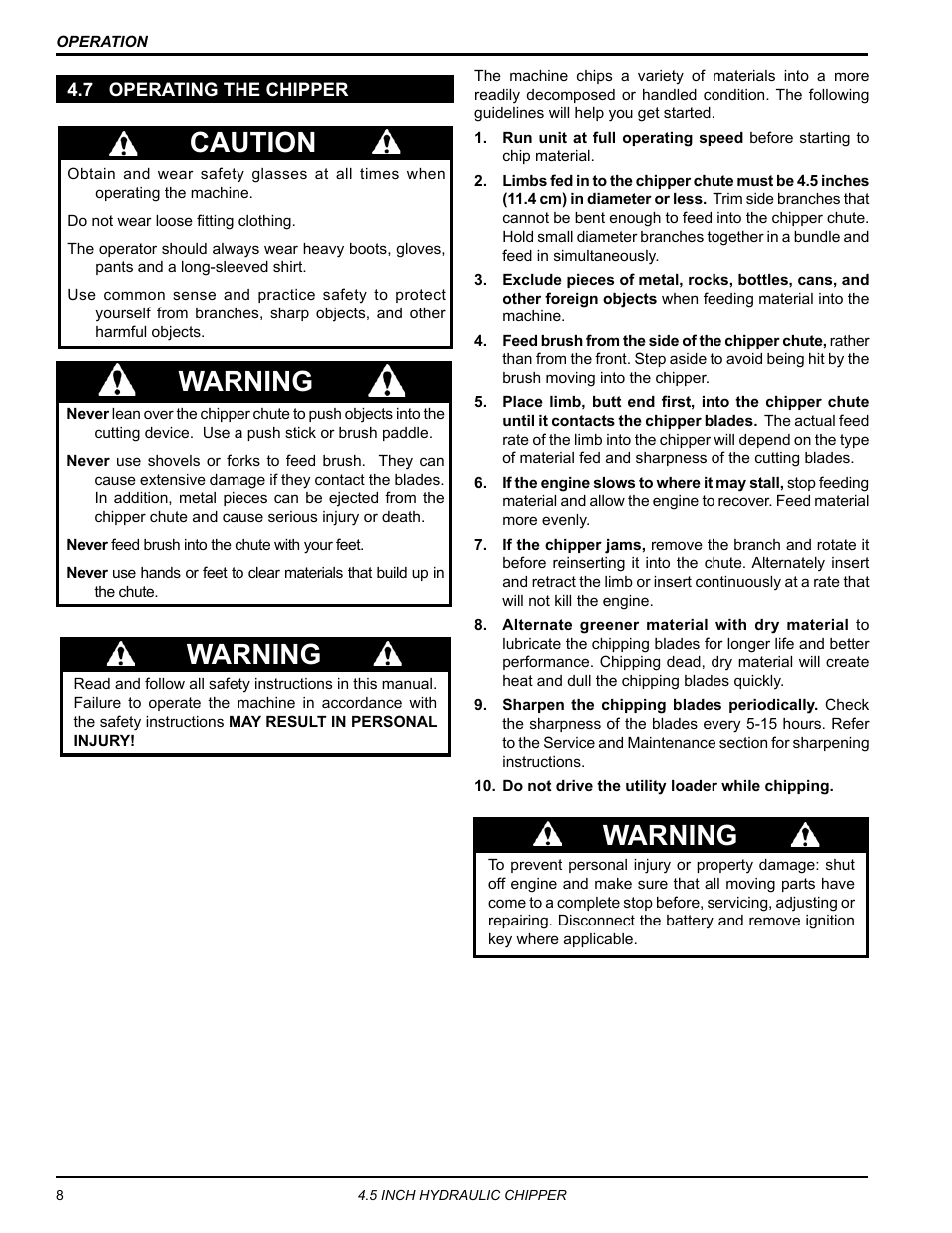 7 operating the chipper, Caution warning, Warning | Echo CH450H Owners Manual v.1 User Manual | Page 12 / 28