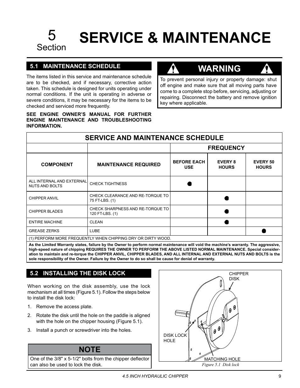 Service & maintenance, 1 maintenance schedule, 2 installing the disk lock | Service & maintenance 5, Warning, Service and maintenance schedule | Echo CH450H Owners Manual v.1 User Manual | Page 13 / 28