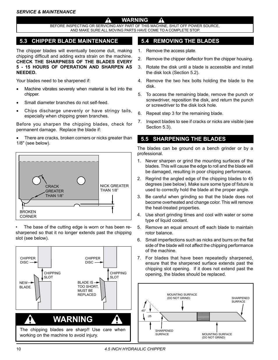 3 chipper blade maintenance, 4 removing the blades, 5 sharpening the blades | Warning, Warning 5.3 chipper blade maintenance, 5 sharpening the blades 5.4 removing the blades | Echo CH450H Owners Manual v.1 User Manual | Page 14 / 28