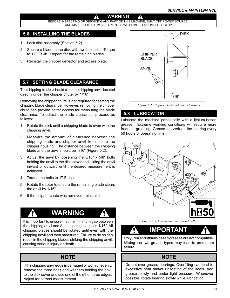 6 installing the blades, 7 setting blade clearance, 8 lubrication | 50 h, Warning, Important | Echo CH450H Owners Manual v.1 User Manual | Page 15 / 28