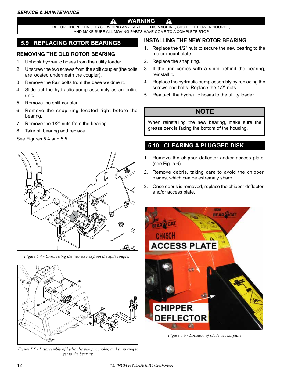 9 replacing rotor bearings, 10 clearing a plugged disk | Echo CH450H Owners Manual v.1 User Manual | Page 16 / 28