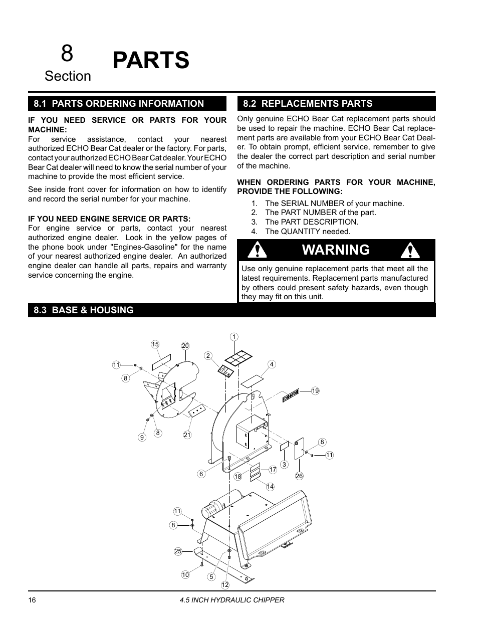 Parts, 1 parts ordering information, 3 base & housing | Parts 8, Warning | Echo CH450H Owners Manual v.1 User Manual | Page 20 / 28