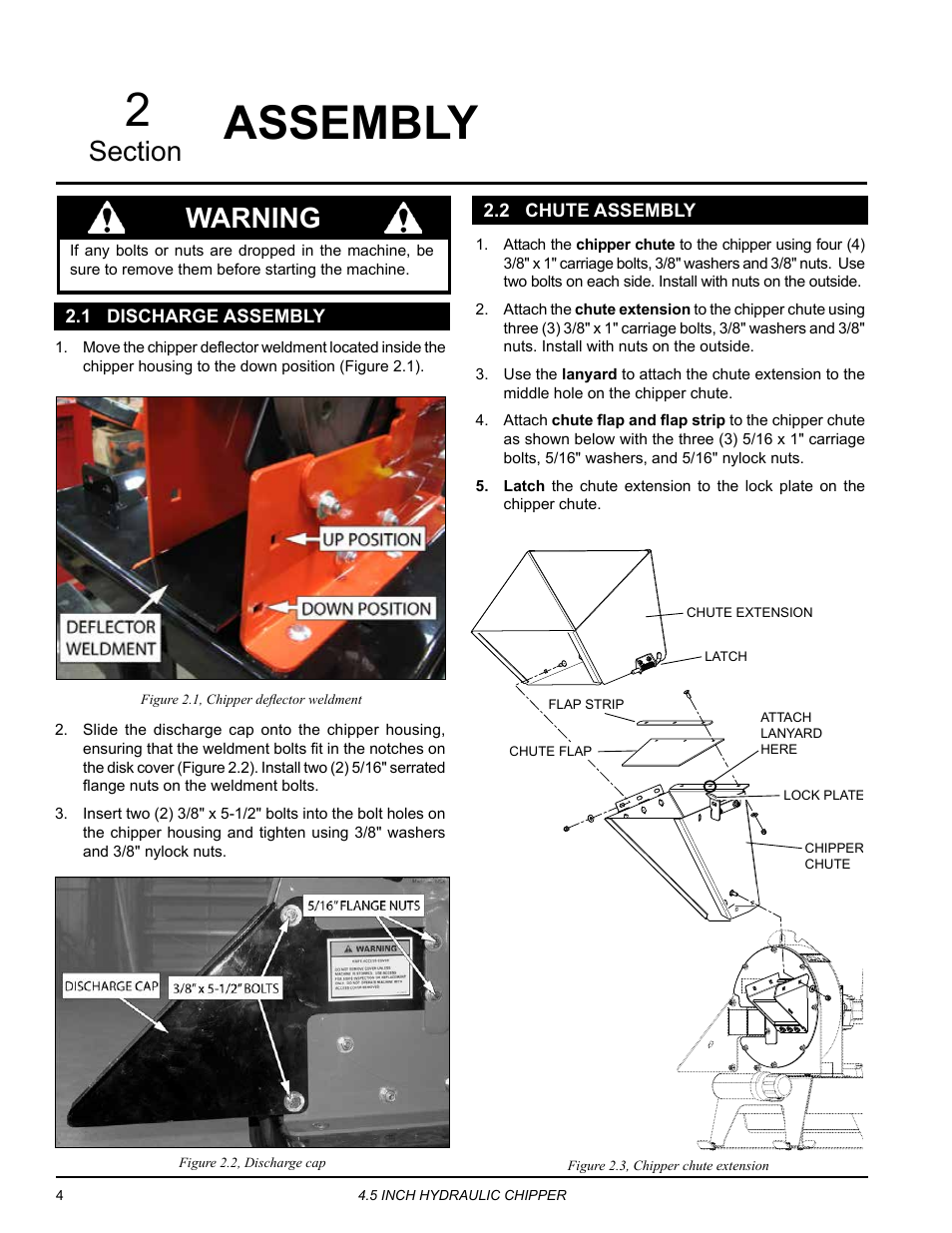 Assembly, 1 discharge assembly, 2 chute assembly | 1 discharge assembly 2.2 chute assembly, Assembly 2, Warning | Echo CH450H Owners Manual v.1 User Manual | Page 8 / 28