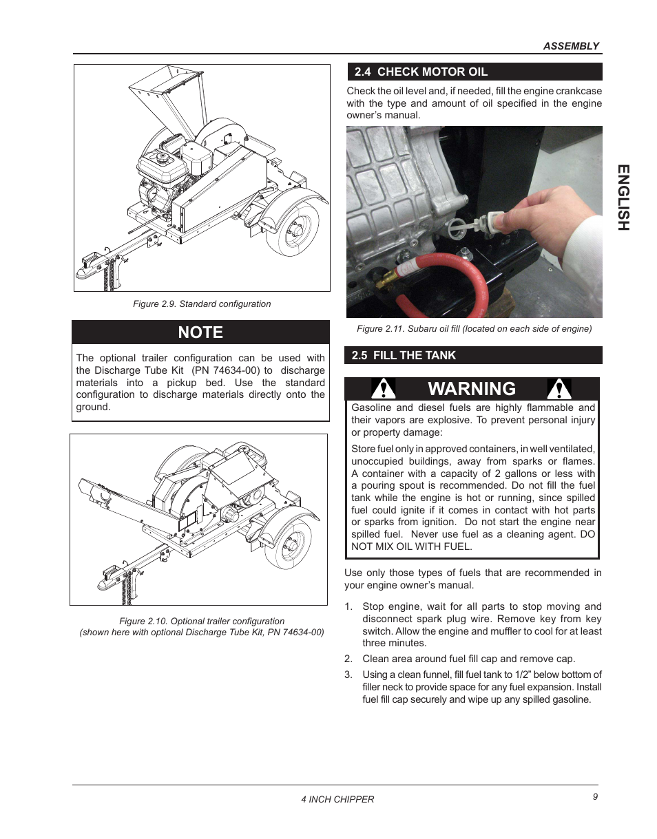 4 check motor oil, 5 fill the tank, 4 check motor oil 2.5 fill the tank | Warning, English | Echo CH4400 Owners Manual v.2 User Manual | Page 13 / 30