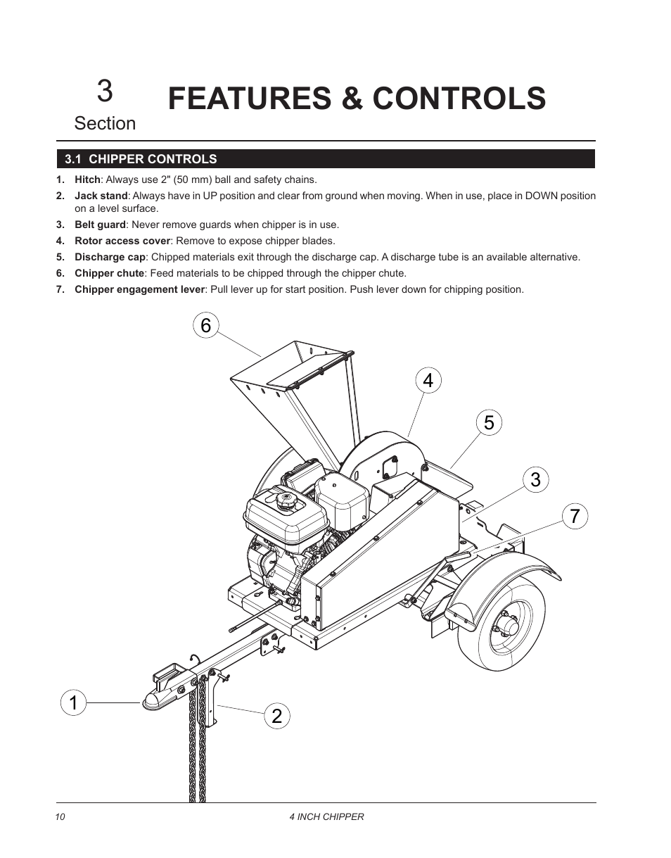 Features & controls, 1 chipper controls, Features & controls 3 | Echo CH4400 Owners Manual v.2 User Manual | Page 14 / 30
