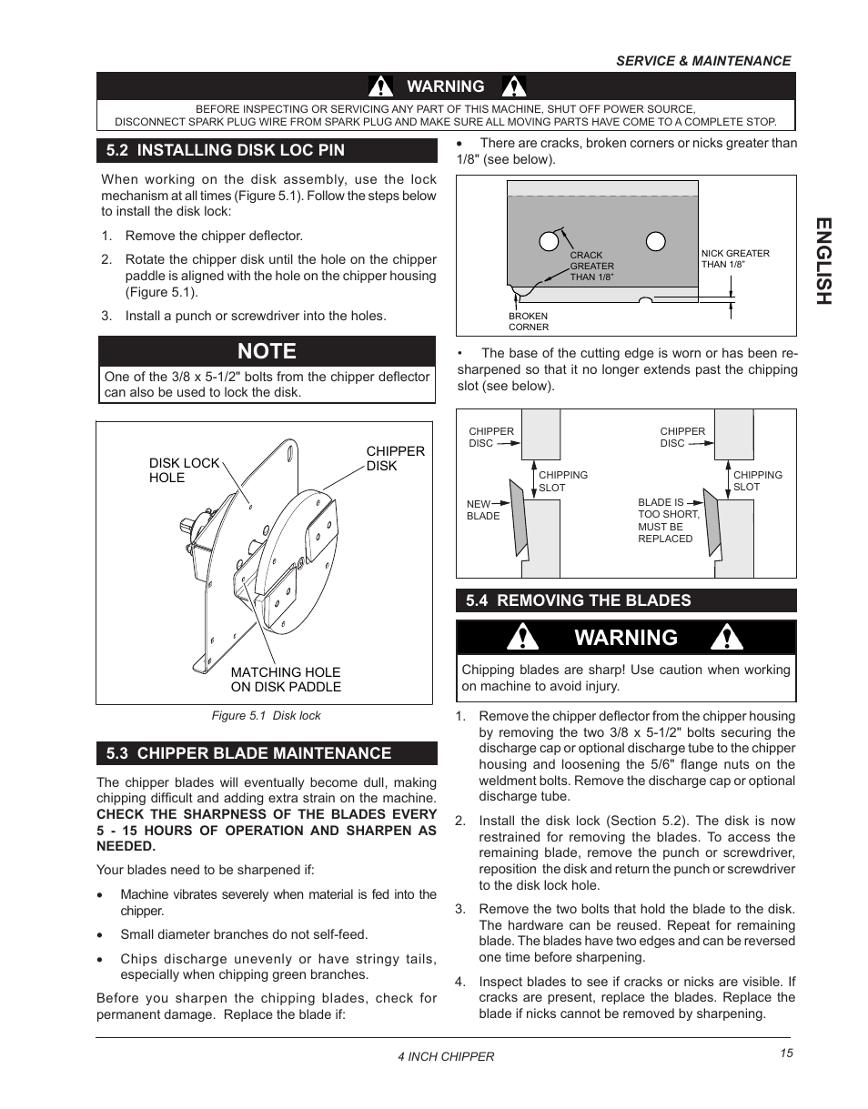 2 installing disk loc pin, 3 chipper blade maintenance, 4 removing the blades | Warning, English | Echo CH4400 Owners Manual v.2 User Manual | Page 19 / 30