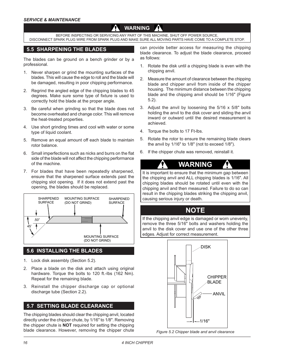 5 sharpening the blades, 6 installing the blades, 7 setting blade clearance | Warning | Echo CH4400 Owners Manual v.2 User Manual | Page 20 / 30