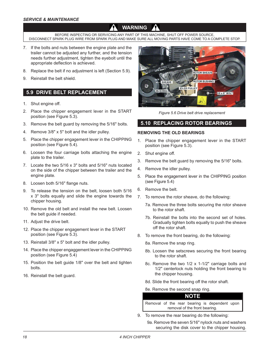 9 drive belt replacement, 10 replacing rotor bearings | Echo CH4400 Owners Manual v.2 User Manual | Page 22 / 30