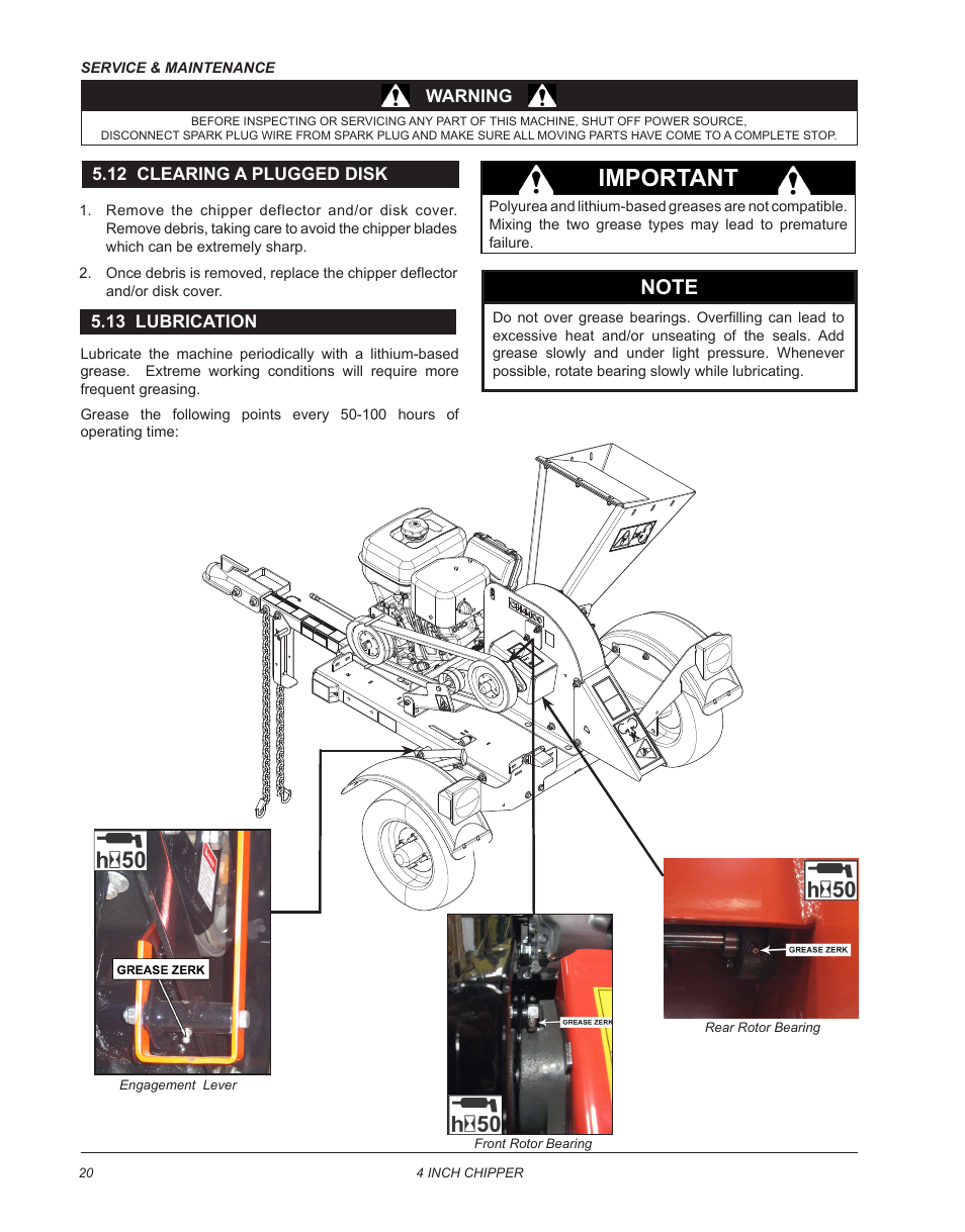 12 clearing a plugged disk, 13 lubrication, 12 clearing a plugged disk 5.13 lubrication | Important | Echo CH4400 Owners Manual v.2 User Manual | Page 24 / 30