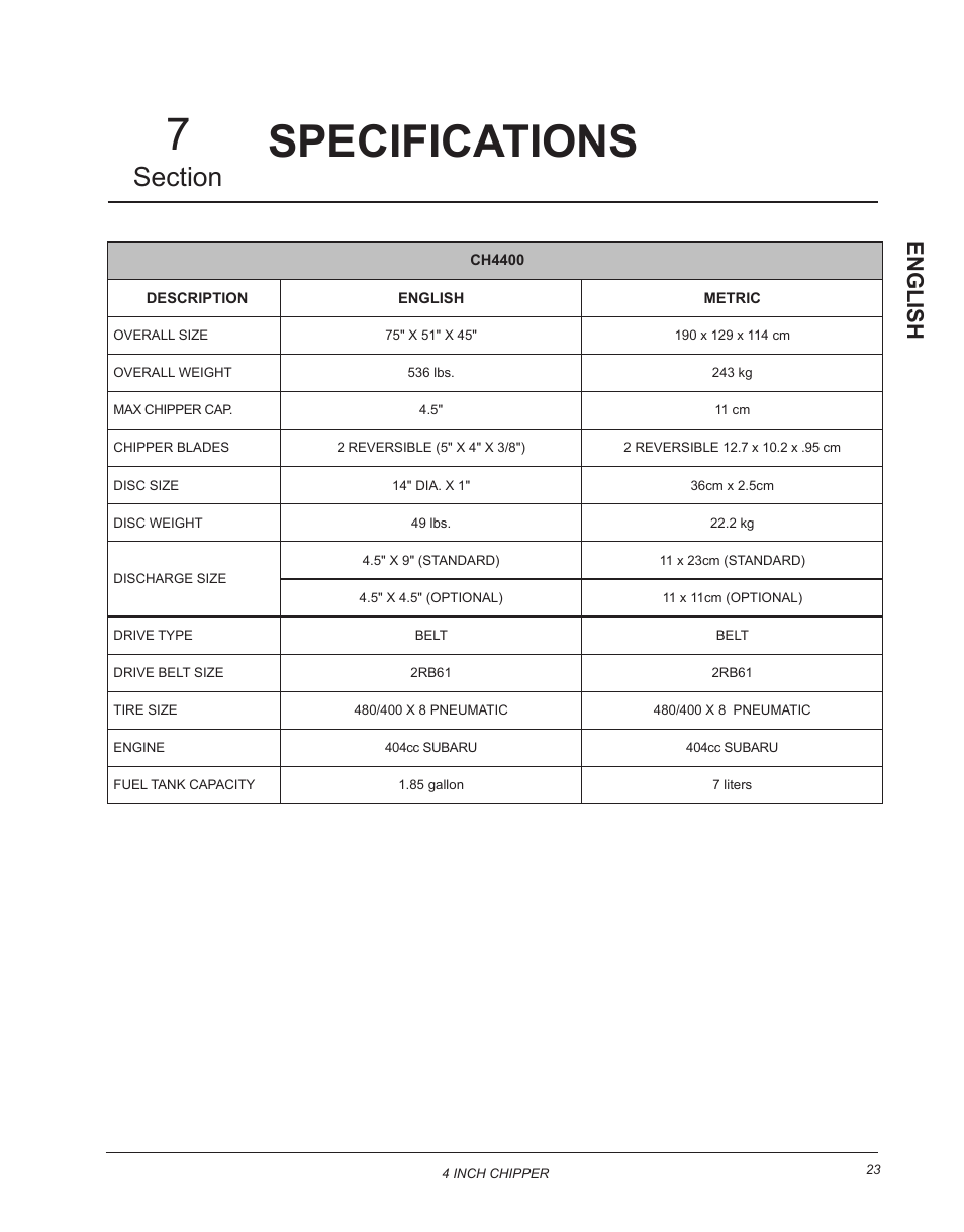 Specifications, Specifications 7, English | Echo CH4400 Owners Manual v.2 User Manual | Page 27 / 30