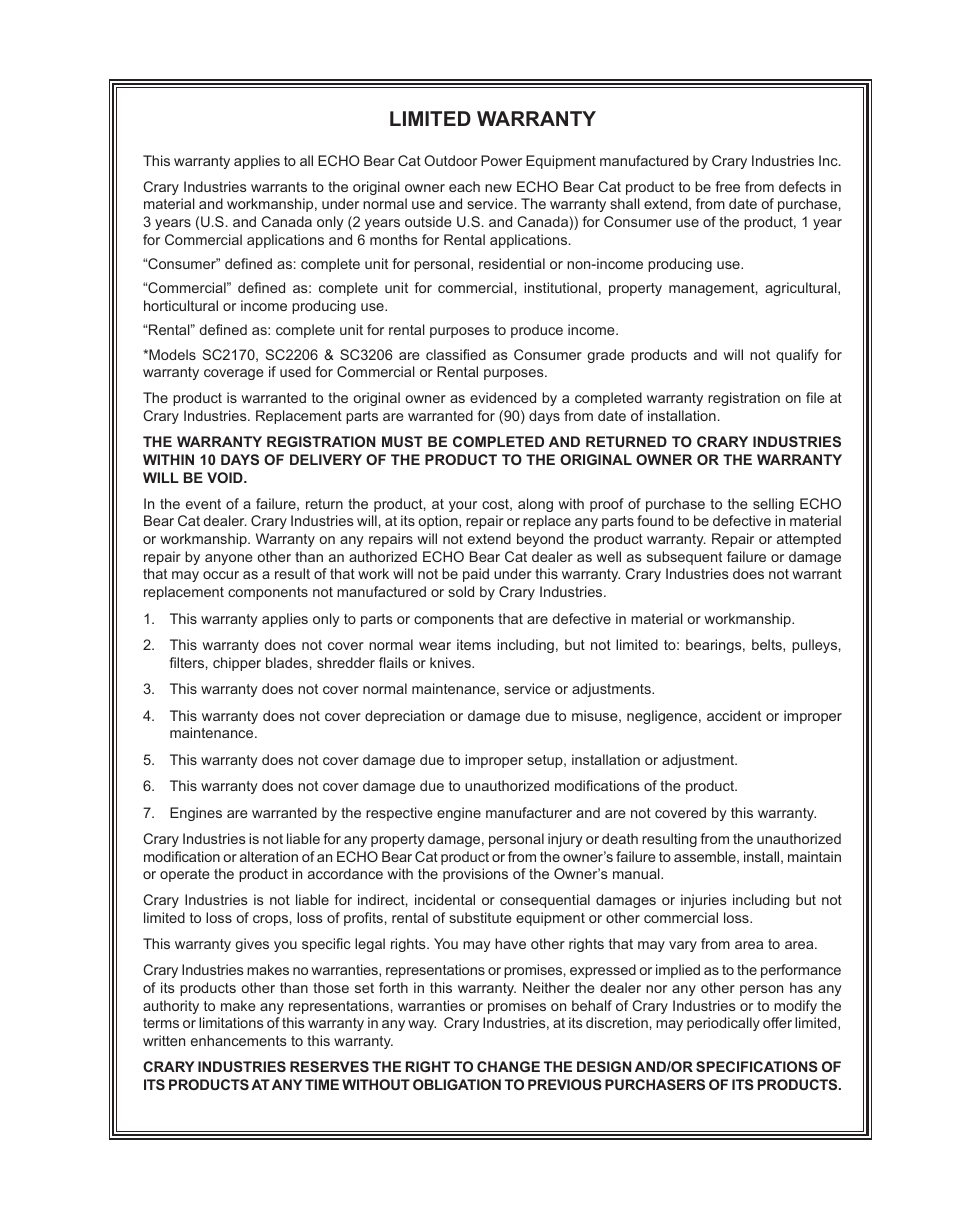 Limited warranty | Echo CH4400 Owners Manual v.2 User Manual | Page 3 / 30