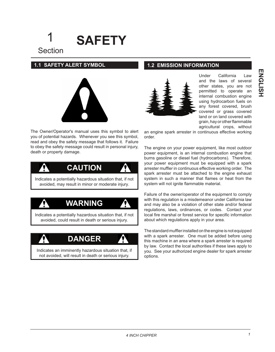 Safety, 1 safety alert symbol, 2 emission information | 1 safety alert symbol 1.2 emission information, 1safety, Danger, Caution, Warning, English | Echo CH4400 Owners Manual v.2 User Manual | Page 5 / 30