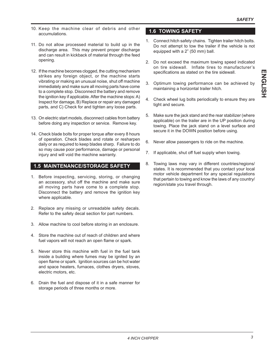 5 maintenance/storage safety, 6 towing safety, 5 maintenance/storage safety 1.6 towing safety | English | Echo CH4400 Owners Manual v.2 User Manual | Page 7 / 30