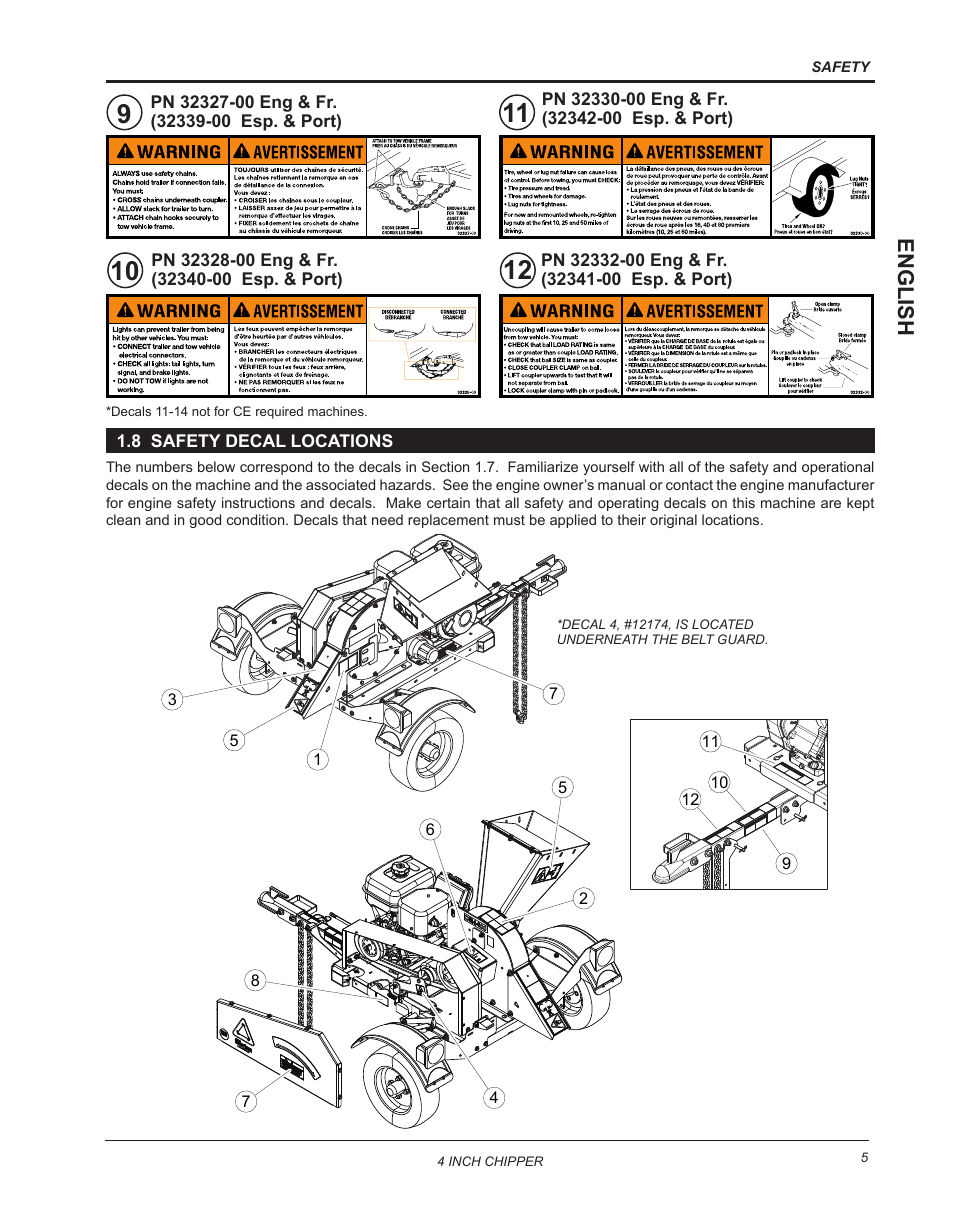 8 safety decal locations, English | Echo CH4400 Owners Manual v.2 User Manual | Page 9 / 30