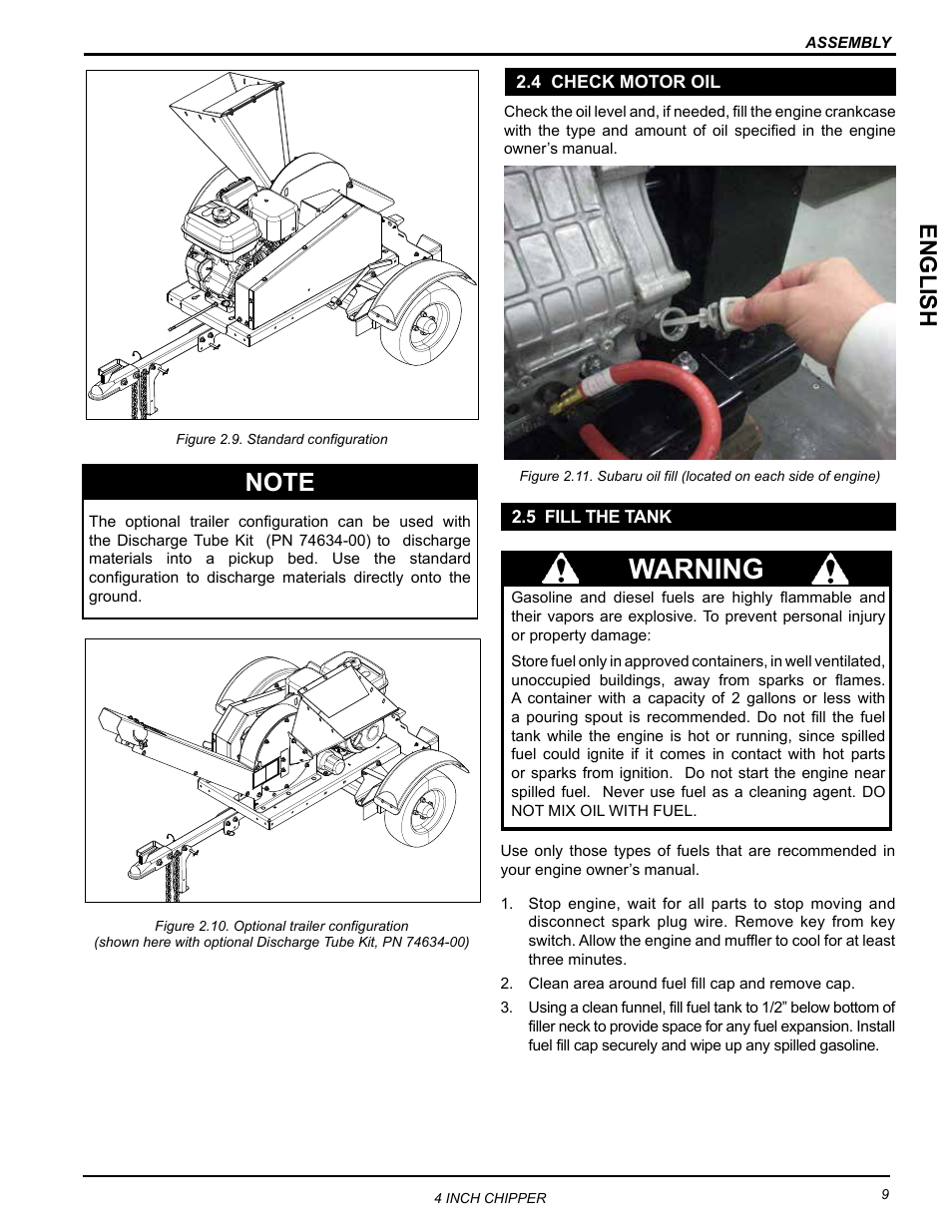 4 check motor oil, 5 fill the tank, 4 check motor oil 2.5 fill the tank | Warning, English | Echo CH4400 Owners Manual v.1 User Manual | Page 13 / 30