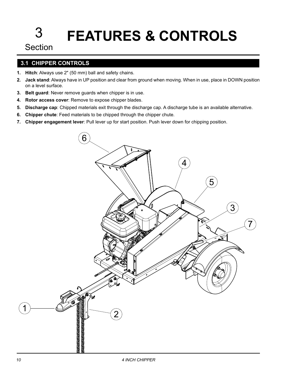 Features & controls, 1 chipper controls, Features & controls 3 | Echo CH4400 Owners Manual v.1 User Manual | Page 14 / 30