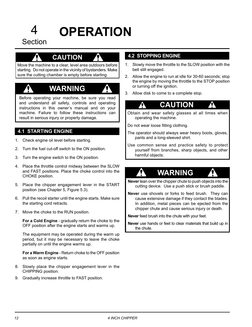 Operation, 1 starting engine, 2 stopping engine | 1 starting engine 4.2 stopping engine, Operation 4, Warning, Caution | Echo CH4400 Owners Manual v.1 User Manual | Page 16 / 30