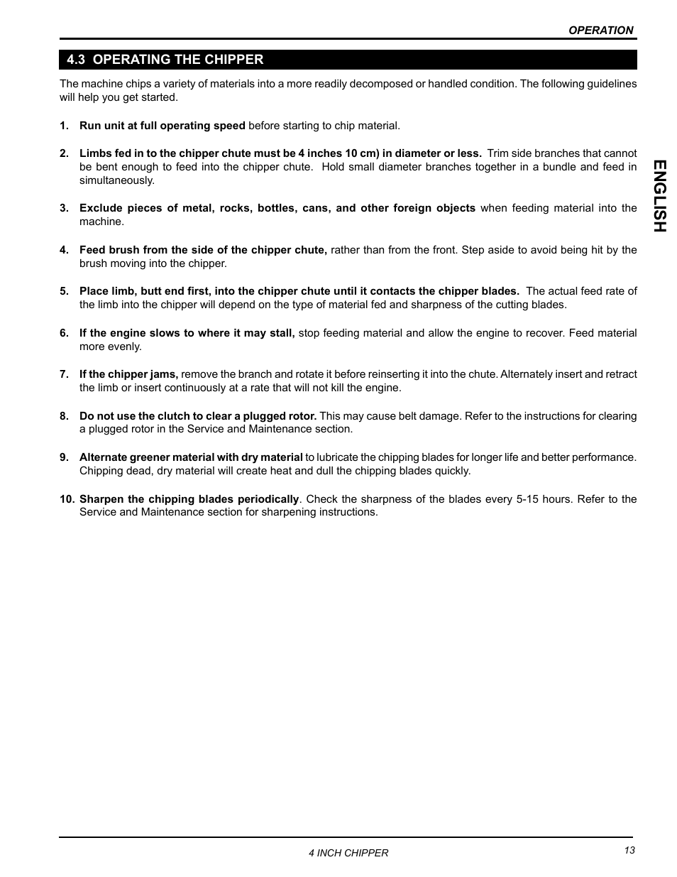 3 operating the chipper, English | Echo CH4400 Owners Manual v.1 User Manual | Page 17 / 30