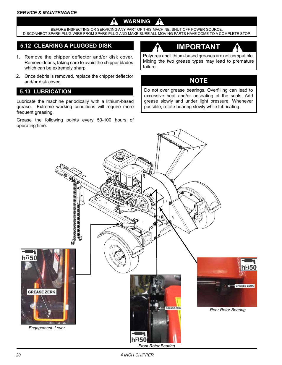 12 clearing a plugged disk, 13 lubrication, 12 clearing a plugged disk 5.13 lubrication | Important | Echo CH4400 Owners Manual v.1 User Manual | Page 24 / 30