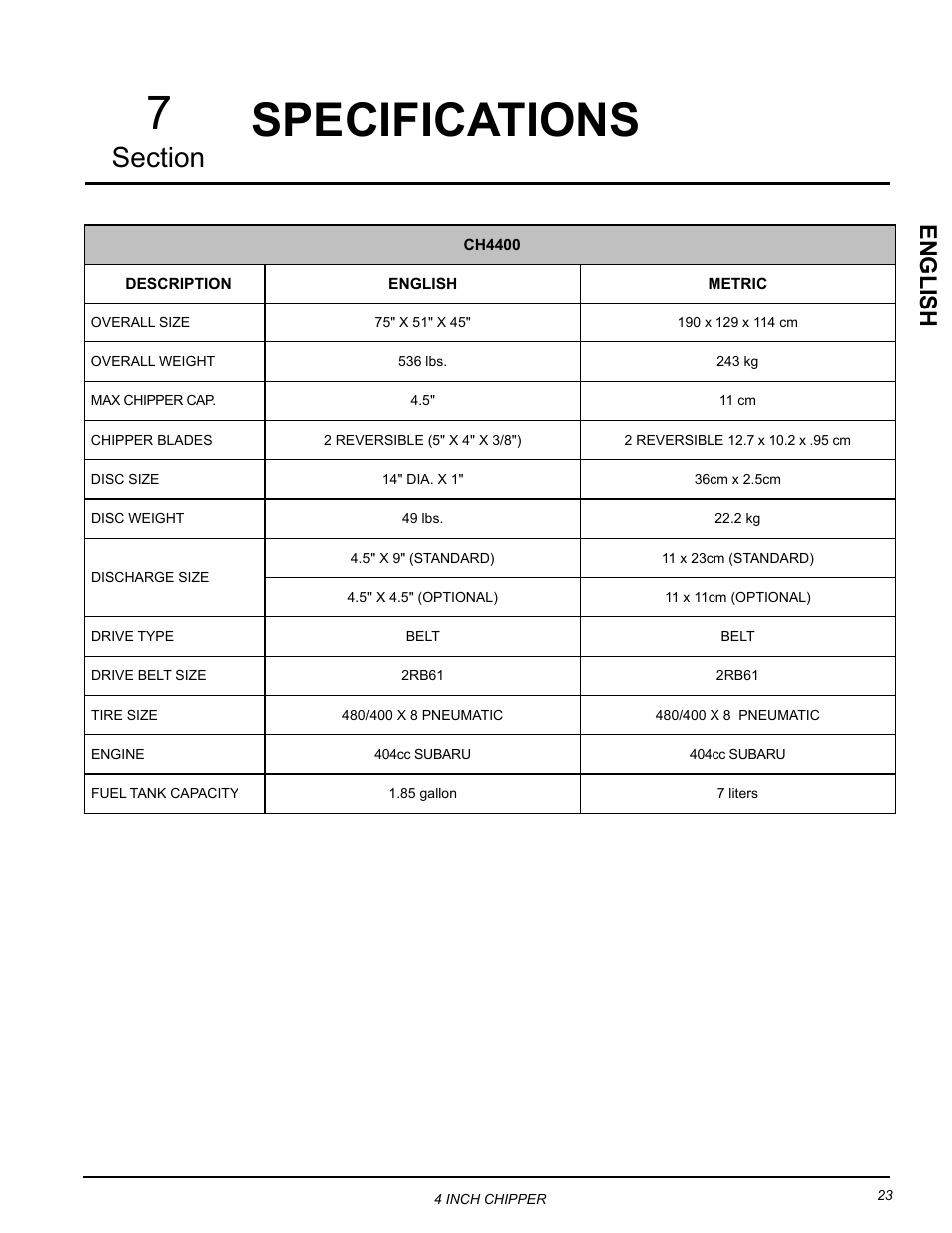 Specifications, Specifications 7, English | Echo CH4400 Owners Manual v.1 User Manual | Page 27 / 30