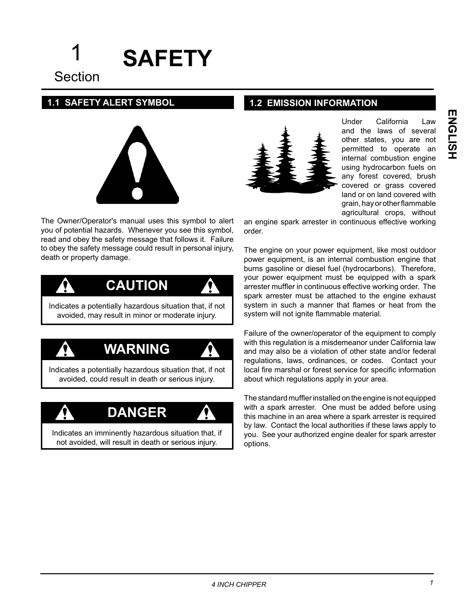 Safety, 1 safety alert symbol, 2 emission information | 1 safety alert symbol 1.2 emission information, 1safety, Danger, Caution, Warning, English | Echo CH4400 Owners Manual v.1 User Manual | Page 5 / 30