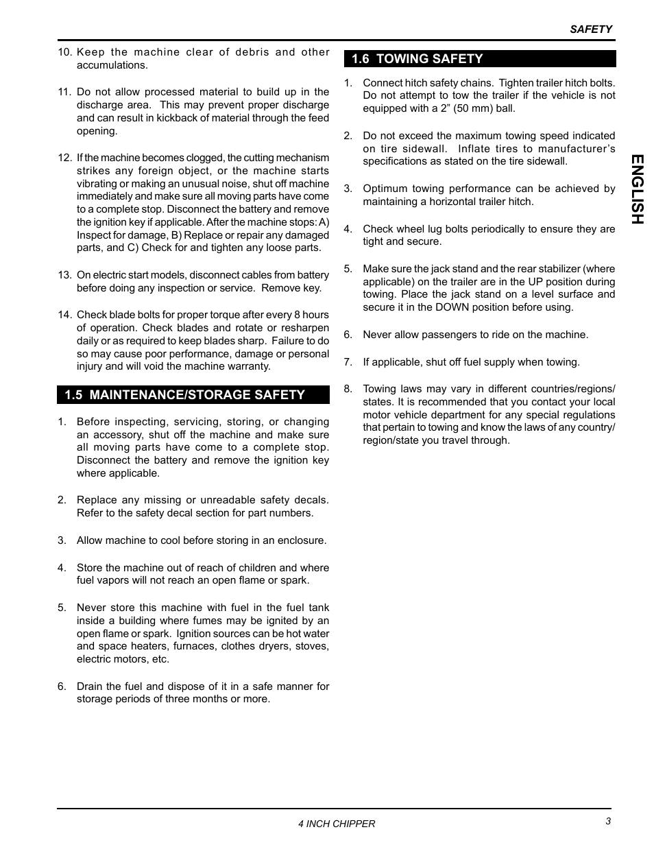 5 maintenance/storage safety, 6 towing safety, 5 maintenance/storage safety 1.6 towing safety | English | Echo CH4400 Owners Manual v.1 User Manual | Page 7 / 30