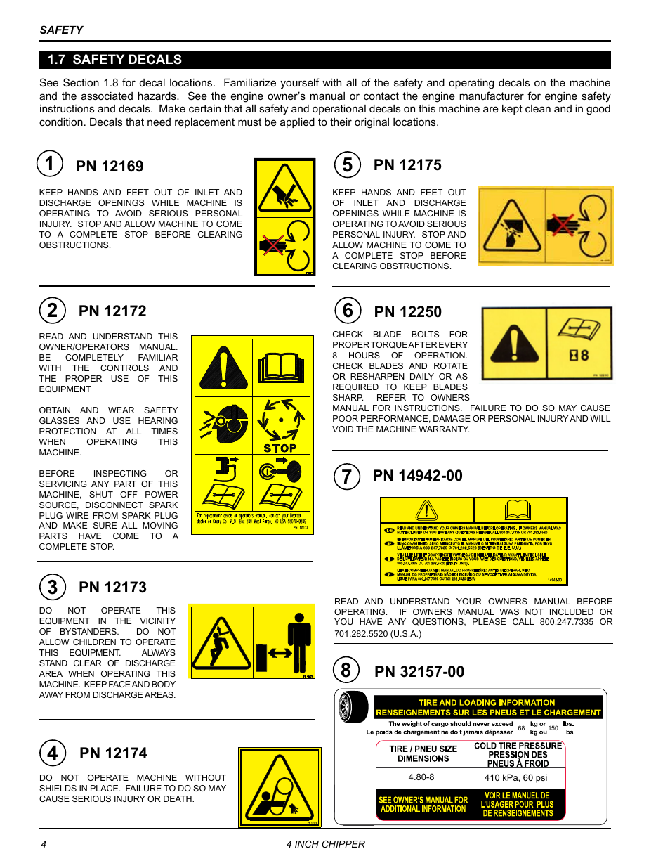7 safety decals, 9 safety decals, 7 safety decals 1.9 safety decals | Echo CH4400 Owners Manual v.1 User Manual | Page 8 / 30