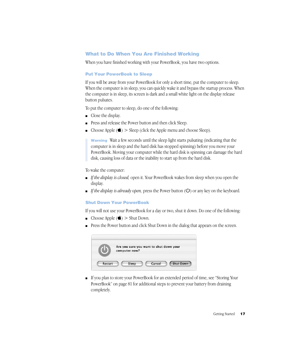 What to do when you are finished working, Put your powerbook to sleep, Shut down your powerbook | What to do when you are finished working 17 | Apple G4 17-inch User Manual | Page 17 / 104