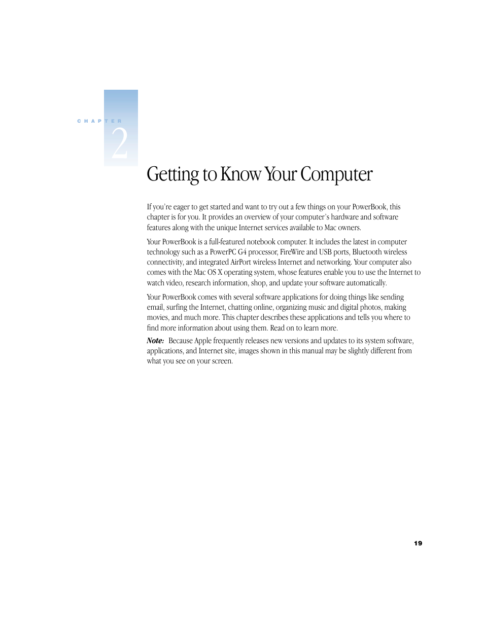 Getting to know your computer, Getting to know your computer 19, Chapter 2, “getting to know your computer | Apple G4 17-inch User Manual | Page 19 / 104