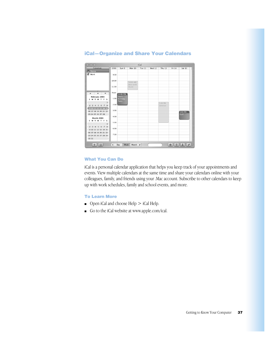 Ical—organize and share your calendars, What you can do, To learn more | Ical—organize and share your calendars 37 | Apple G4 17-inch User Manual | Page 37 / 104