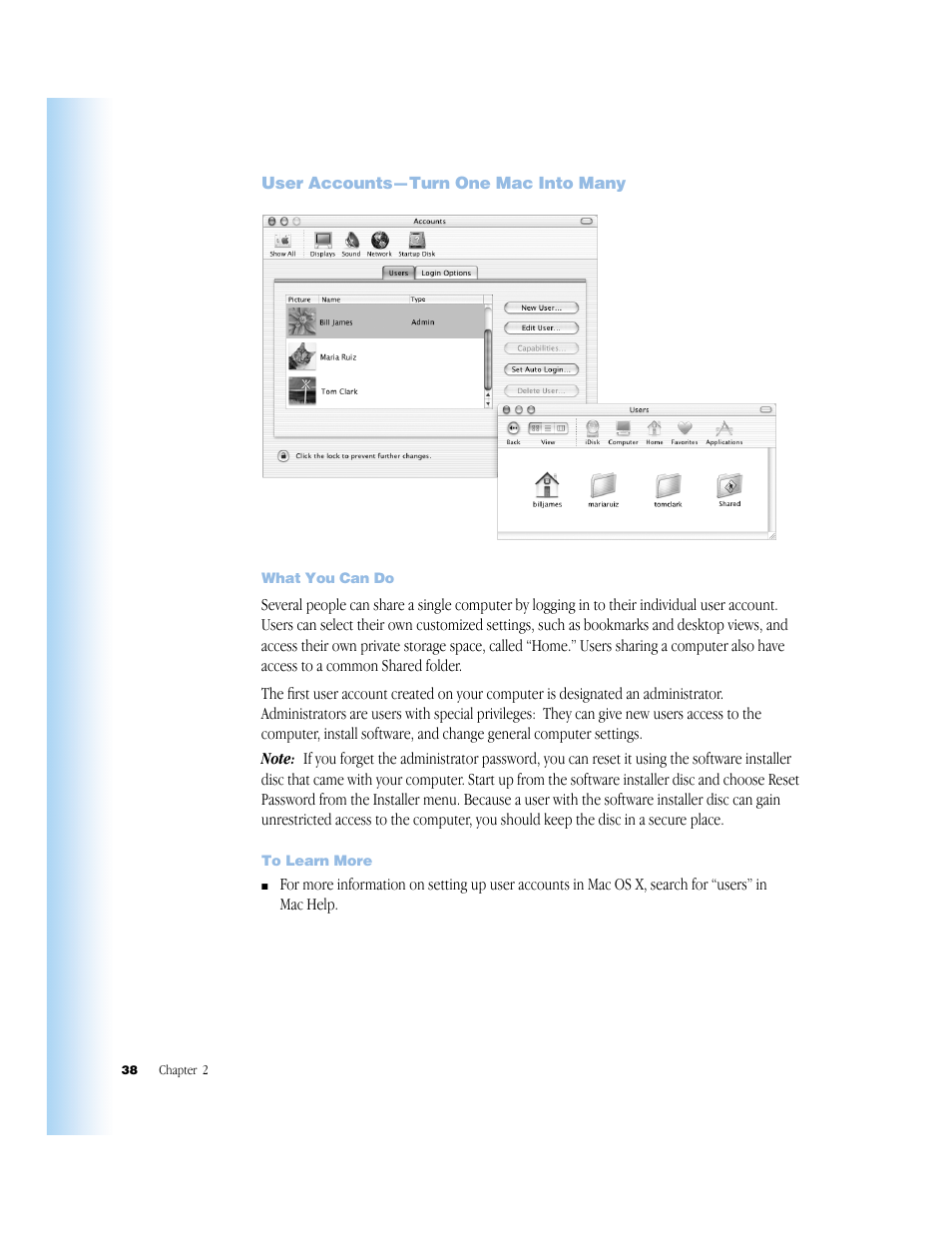 User accounts—turn one mac into many, What you can do, To learn more | User accounts—turn one mac into many 38 | Apple G4 17-inch User Manual | Page 38 / 104