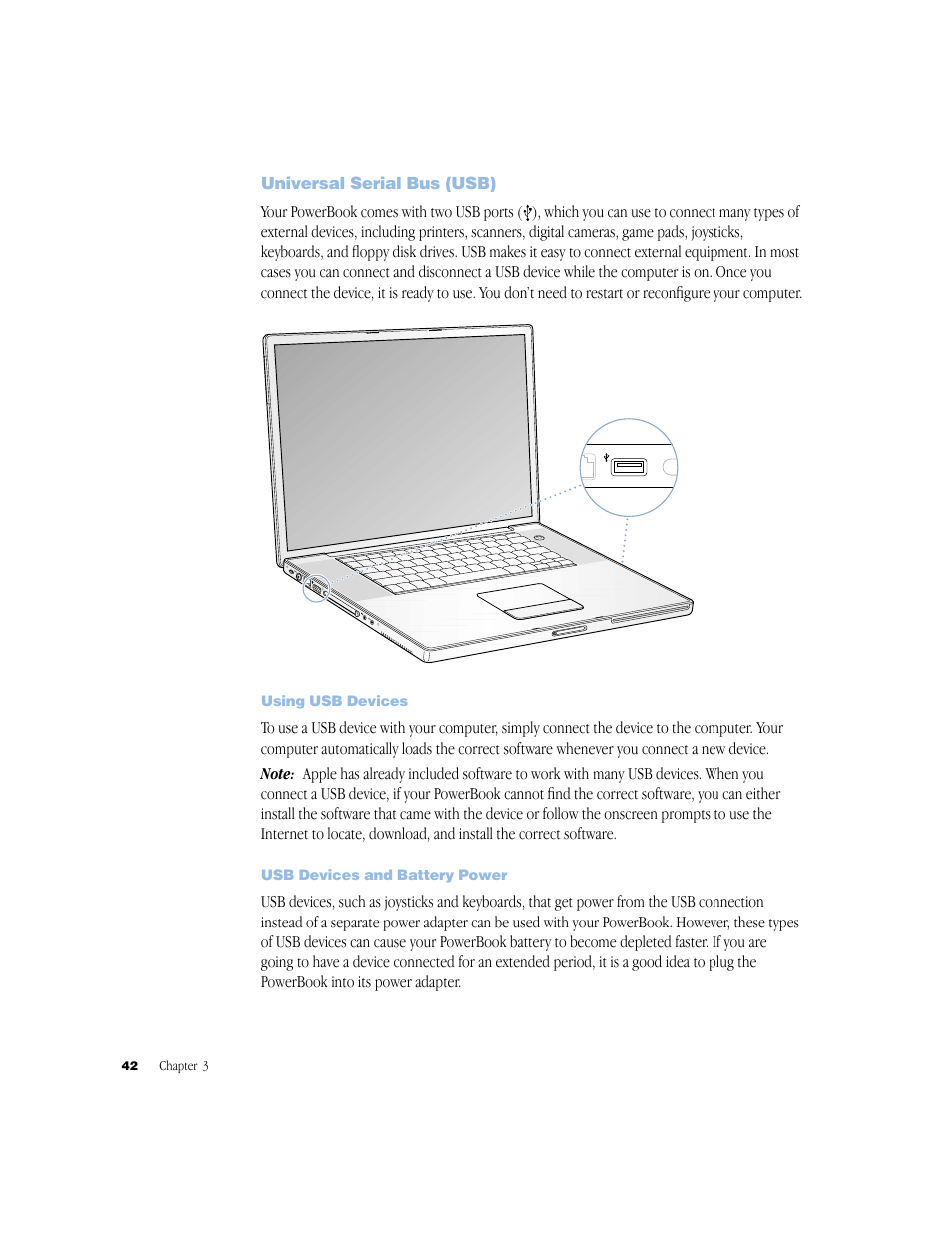 Universal serial bus (usb), Using usb devices, Usb devices and battery power | Universal serial bus (usb) 42 | Apple G4 17-inch User Manual | Page 42 / 104