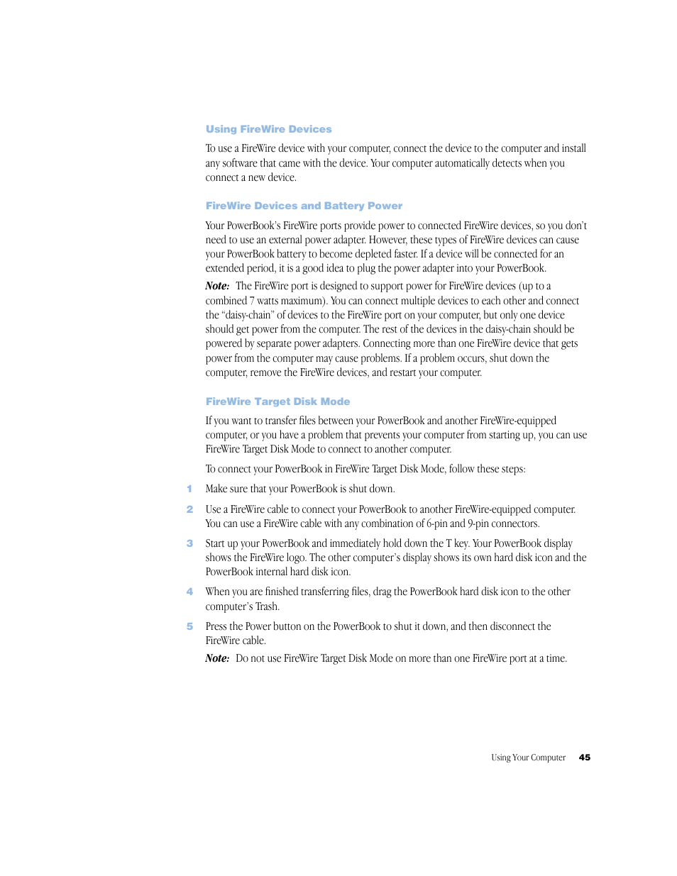 Using firewire devices, Firewire devices and battery power, Firewire target disk mode | Apple G4 17-inch User Manual | Page 45 / 104