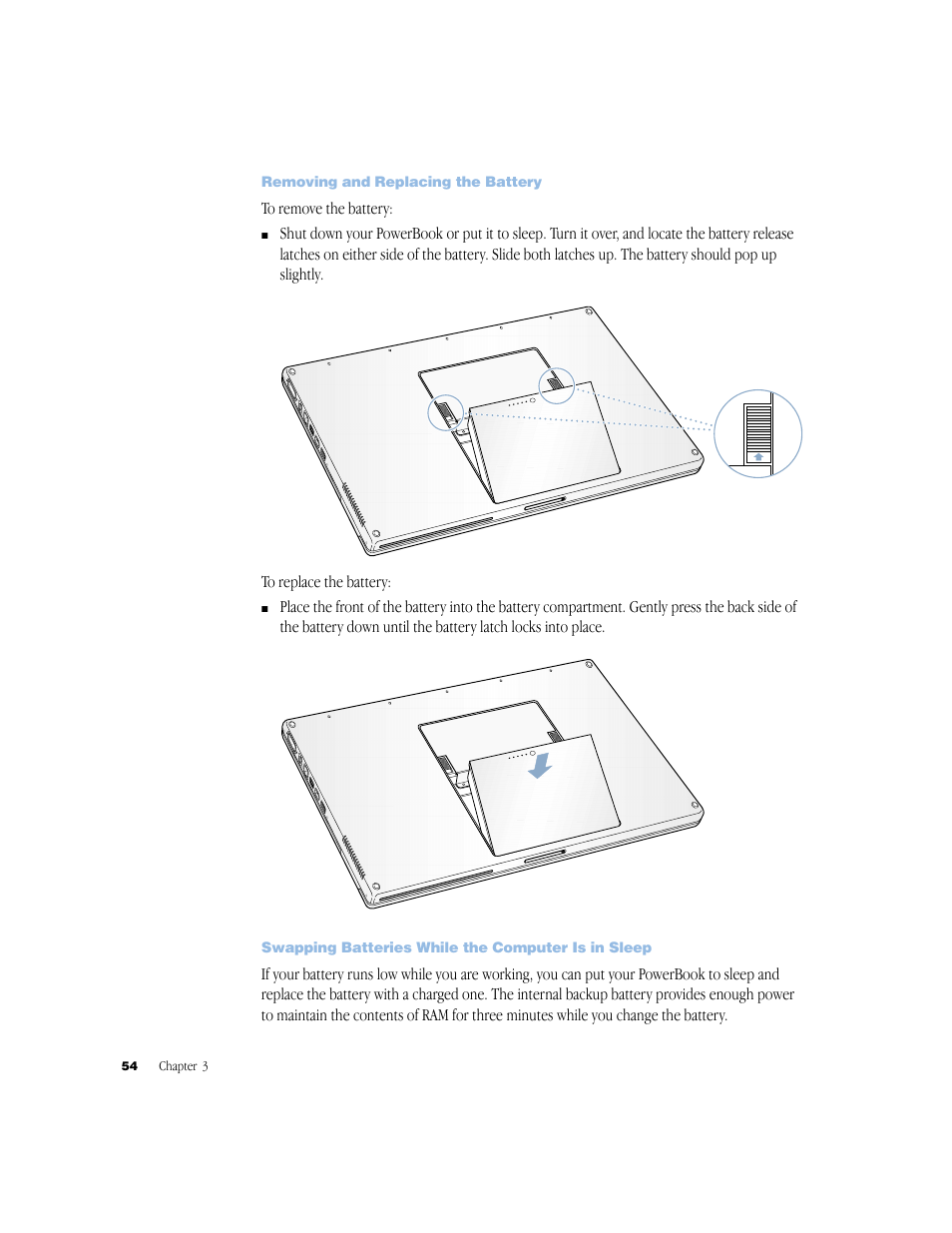Removing and replacing the battery, Swapping batteries while the computer is in sleep | Apple G4 17-inch User Manual | Page 54 / 104