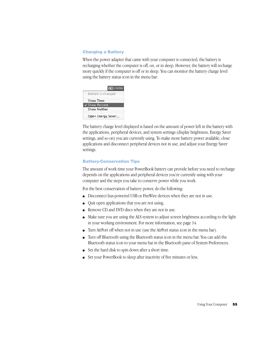 Charging a battery, Battery-conservation tips | Apple G4 17-inch User Manual | Page 55 / 104