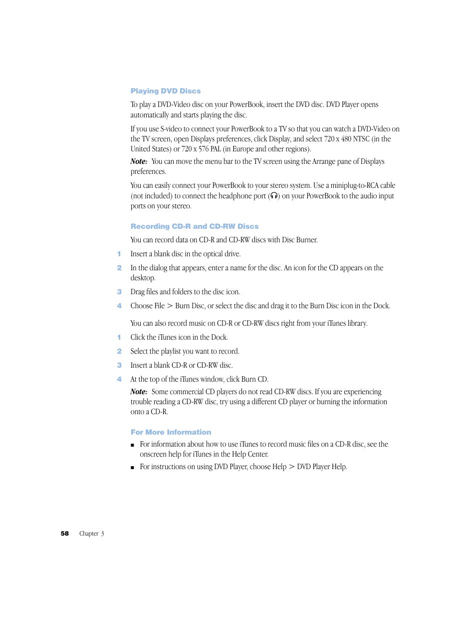 Playing dvd discs, Recording cd-r and cd-rw discs, For more information | Apple G4 17-inch User Manual | Page 58 / 104