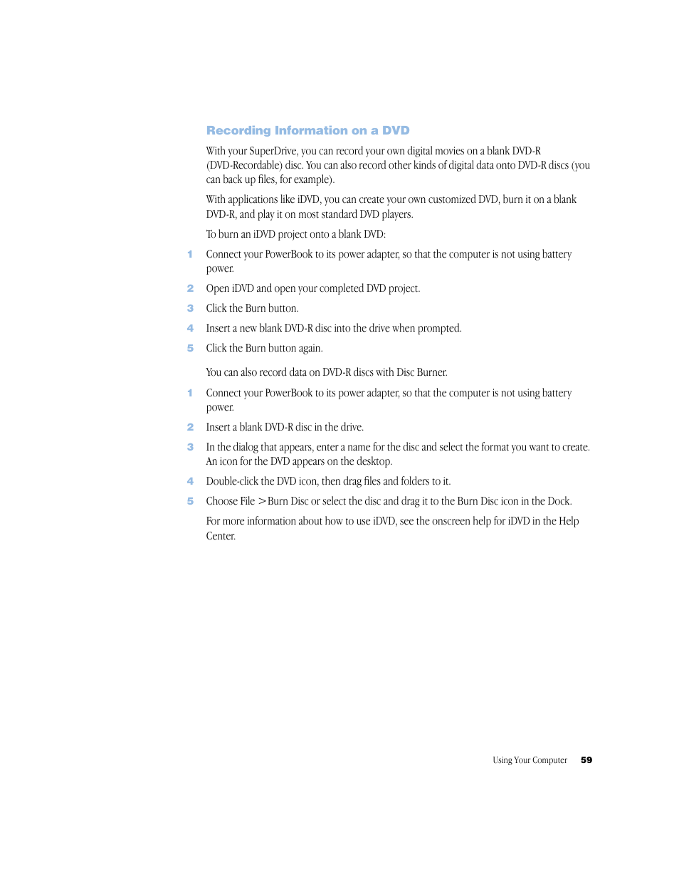 Recording information on a dvd, Recording information on a dvd 59 | Apple G4 17-inch User Manual | Page 59 / 104