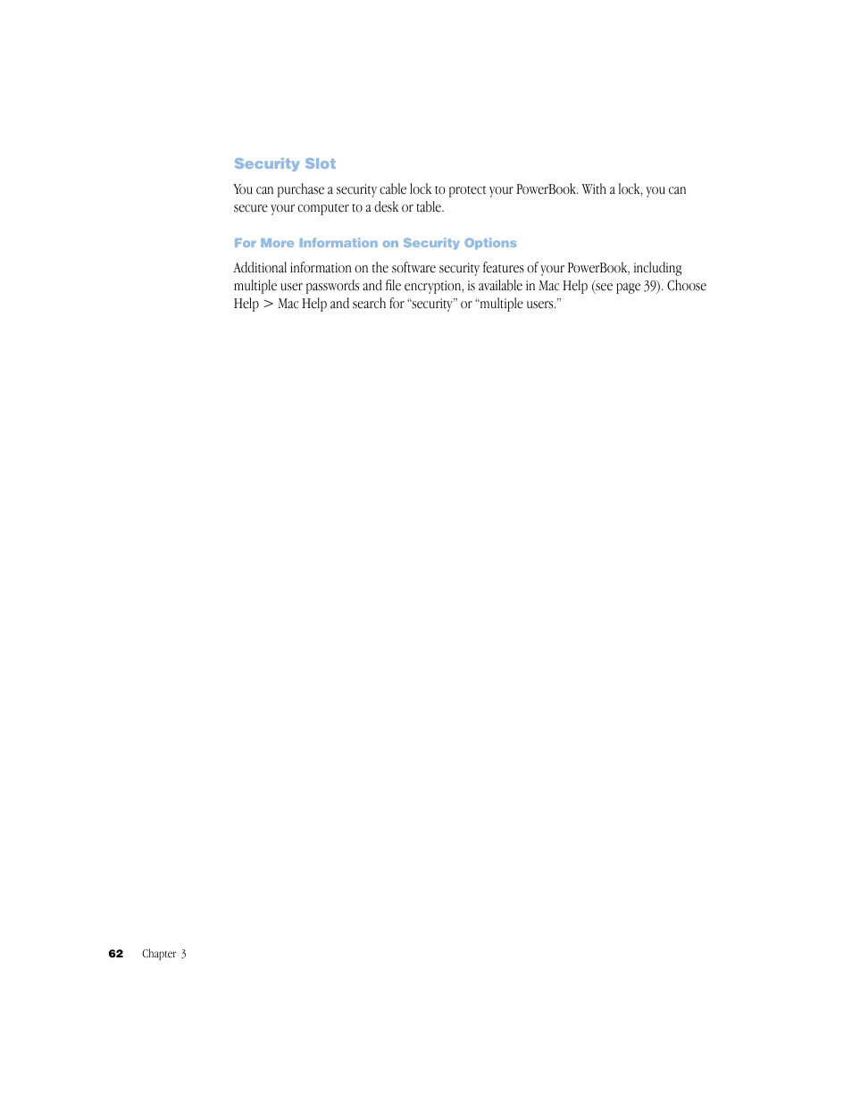 Security slot, For more information on security options, Security slot 62 | Apple G4 17-inch User Manual | Page 62 / 104