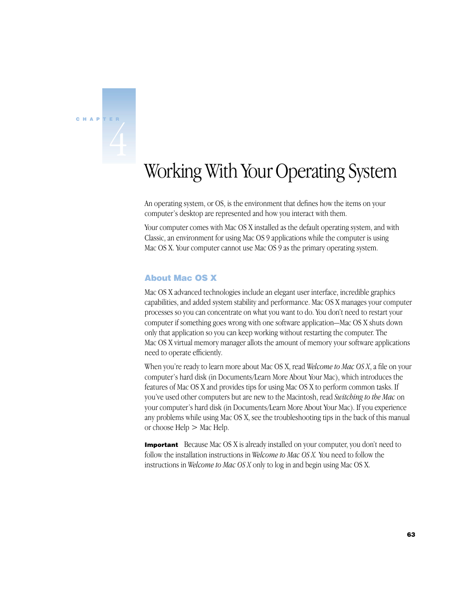 Working with your operating system, About macosx, Working with your operating system 63 | About mac os x 63 | Apple G4 17-inch User Manual | Page 63 / 104