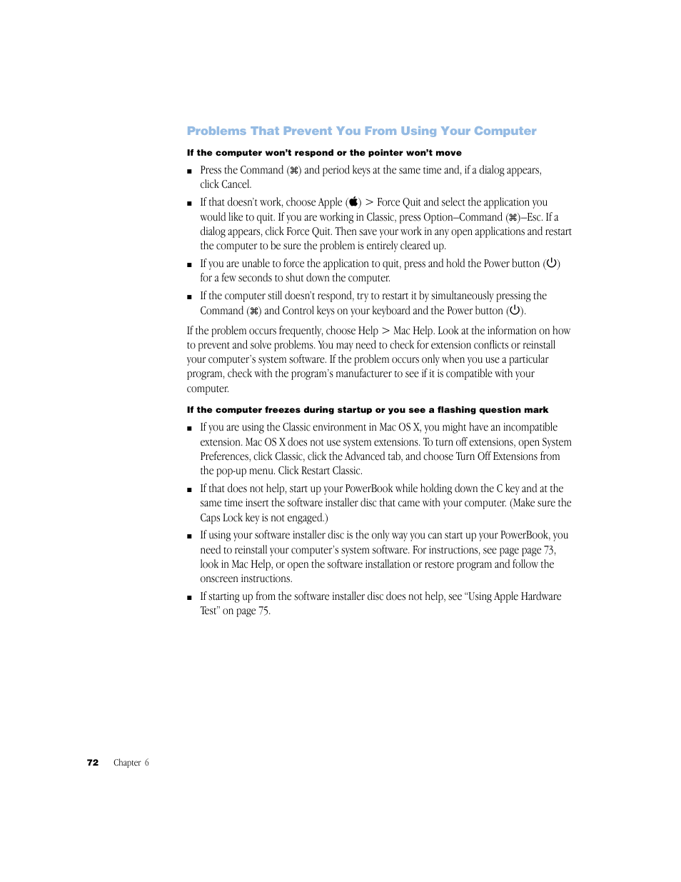 Problems that prevent you from using your computer | Apple G4 17-inch User Manual | Page 72 / 104