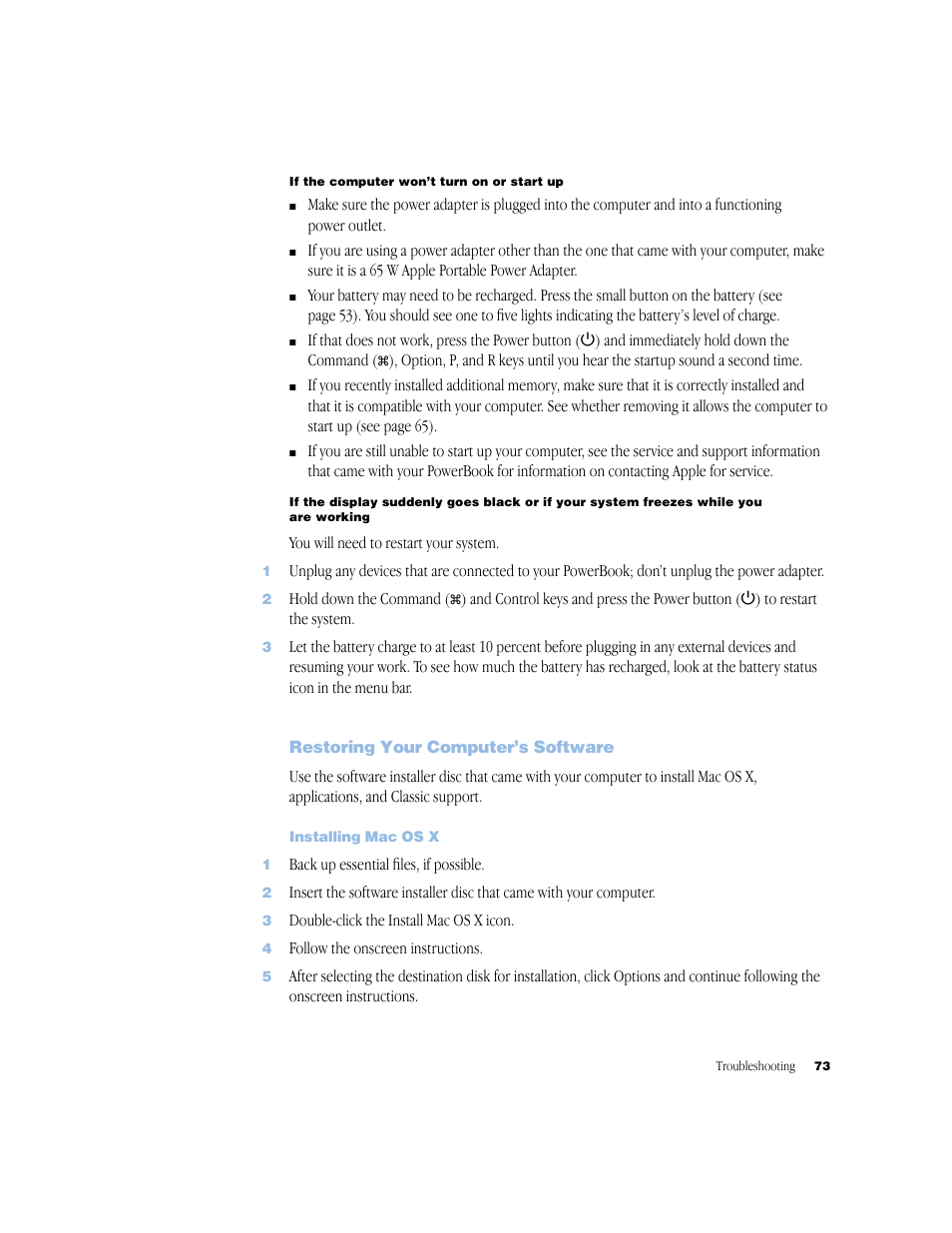 Restoring your computer’s software, Installing macosx, Restoring your computer’s software 73 | Apple G4 17-inch User Manual | Page 73 / 104