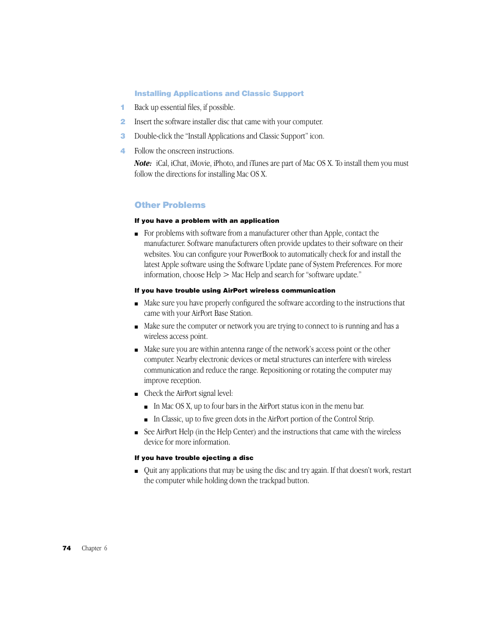 Installing applications and classic support, Other problems, Other problems 74 | Apple G4 17-inch User Manual | Page 74 / 104