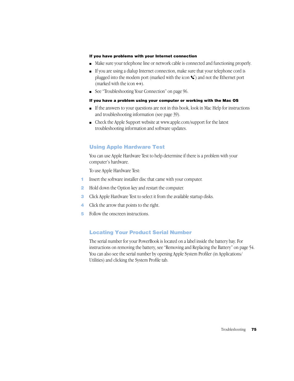 Using apple hardware test, Locating your product serial number, Using apple hardware test 75 | Locating your product serial number 75 | Apple G4 17-inch User Manual | Page 75 / 104