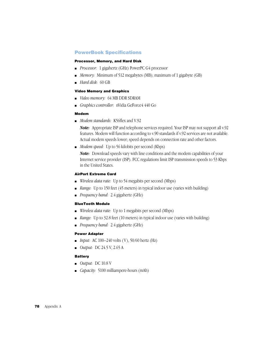 Powerbook specifications, Powerbook specifications 78 | Apple G4 17-inch User Manual | Page 78 / 104