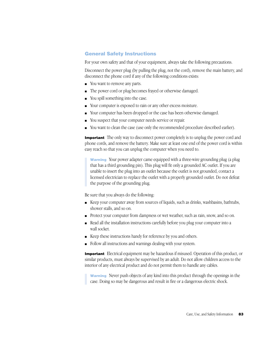 General safety instructions, General safety instructions 83 | Apple G4 17-inch User Manual | Page 83 / 104