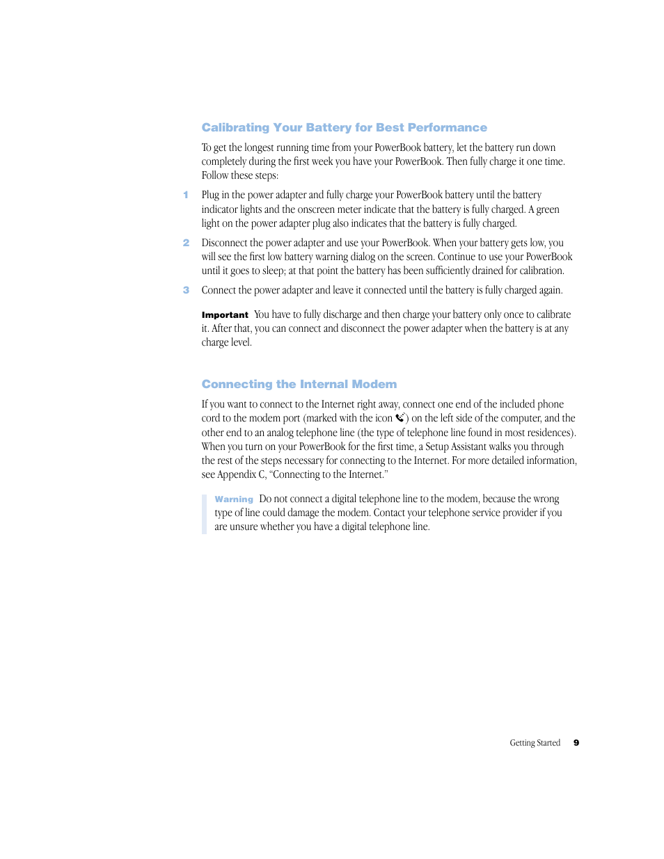 Calibrating your battery for best performance, Connecting the internal modem, Calibrating your battery for best performance 9 | Connecting the internal modem 9 | Apple G4 17-inch User Manual | Page 9 / 104