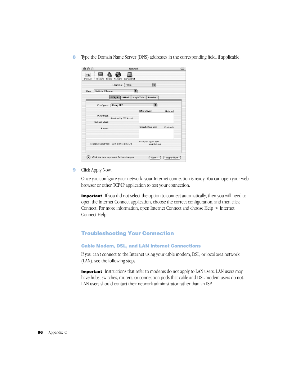 Troubleshooting your connection, Cable modem, dsl, and lan internet connections, Troubleshooting your connection 96 | Apple G4 17-inch User Manual | Page 96 / 104