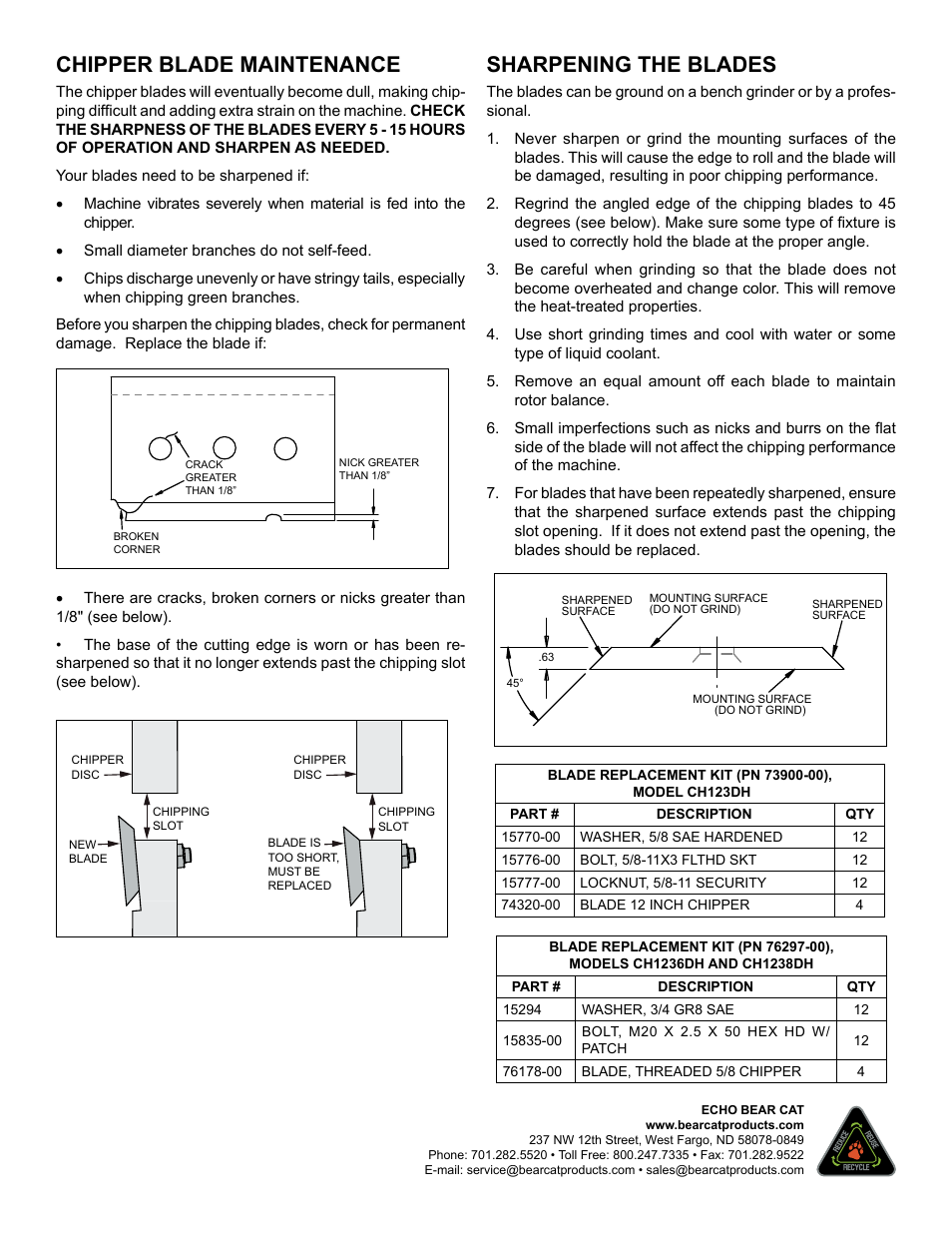 Sharpening the blades, Chipper blade maintenance | Echo 7812086 Instruction v.2 User Manual | Page 2 / 2