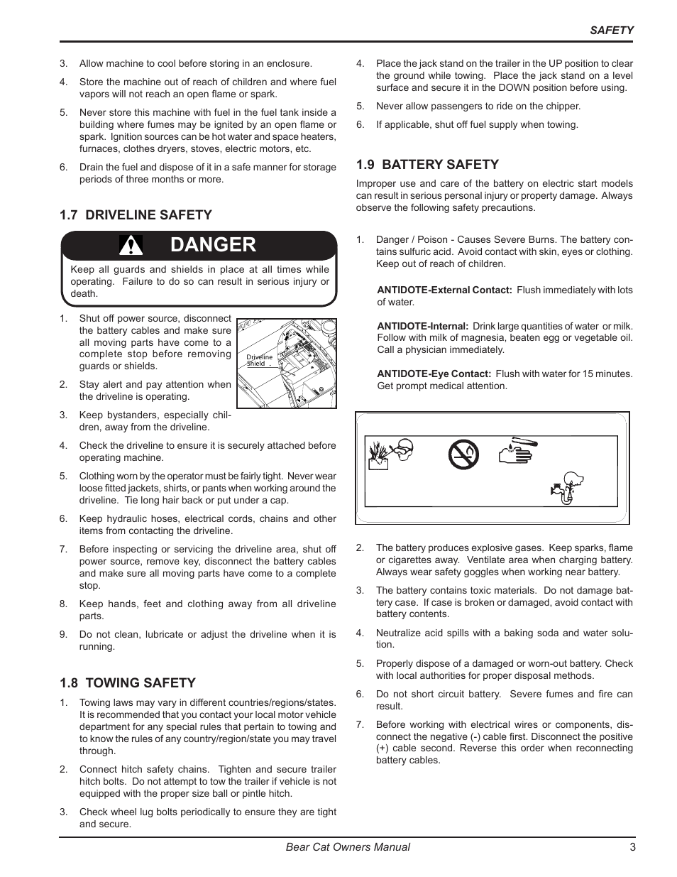 Danger / poison, Danger, 8 towing safety | 9 battery safety, 7 driveline safety | Echo 7812086 Owners Manual v.2 User Manual | Page 7 / 28