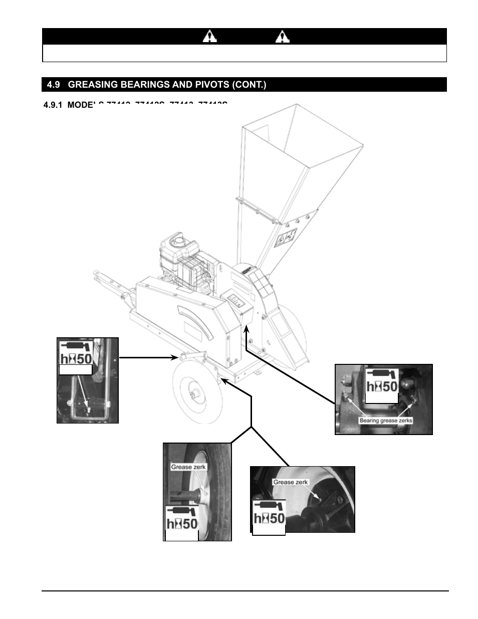 Warning, 9 greasing bearings and pivots (cont.) | Echo 77412 Owners Manual v.5 User Manual | Page 33 / 42